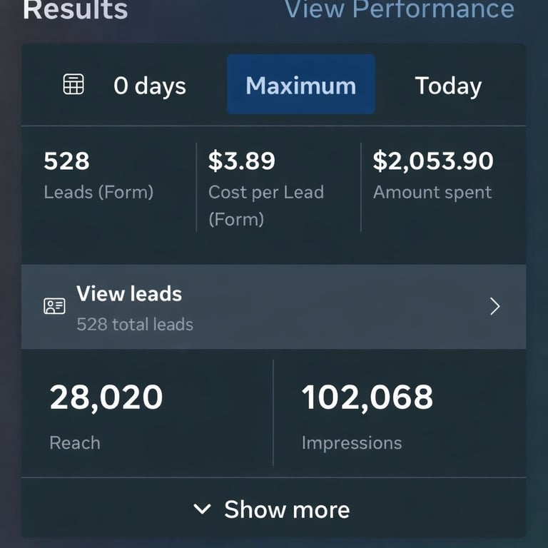 Campaign results dashboard showing 528 leads, $3.89 cost per lead, $2,053.90 spent, 28,020 reach, and 102,068 impressions
