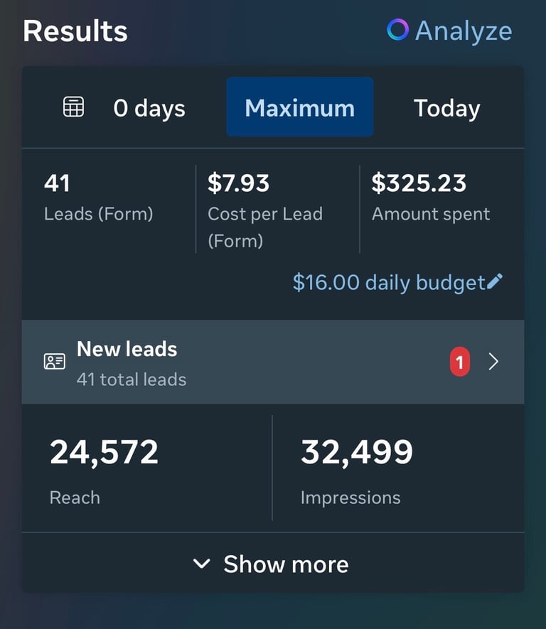 Analytics results dashboard showing 41 leads, $7.93 cost per lead, $325.23 spent, 24,572 reach, and 32,499 impressions