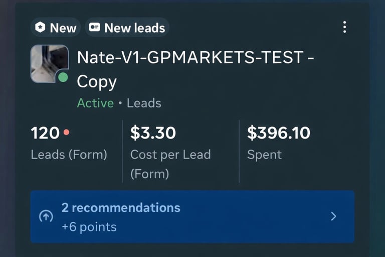 Google Ads campaign dashboard showing Nate-V1-GPMARKETS-TEST with 120 leads, $3.30 cost per lead, and $396.10 spent
